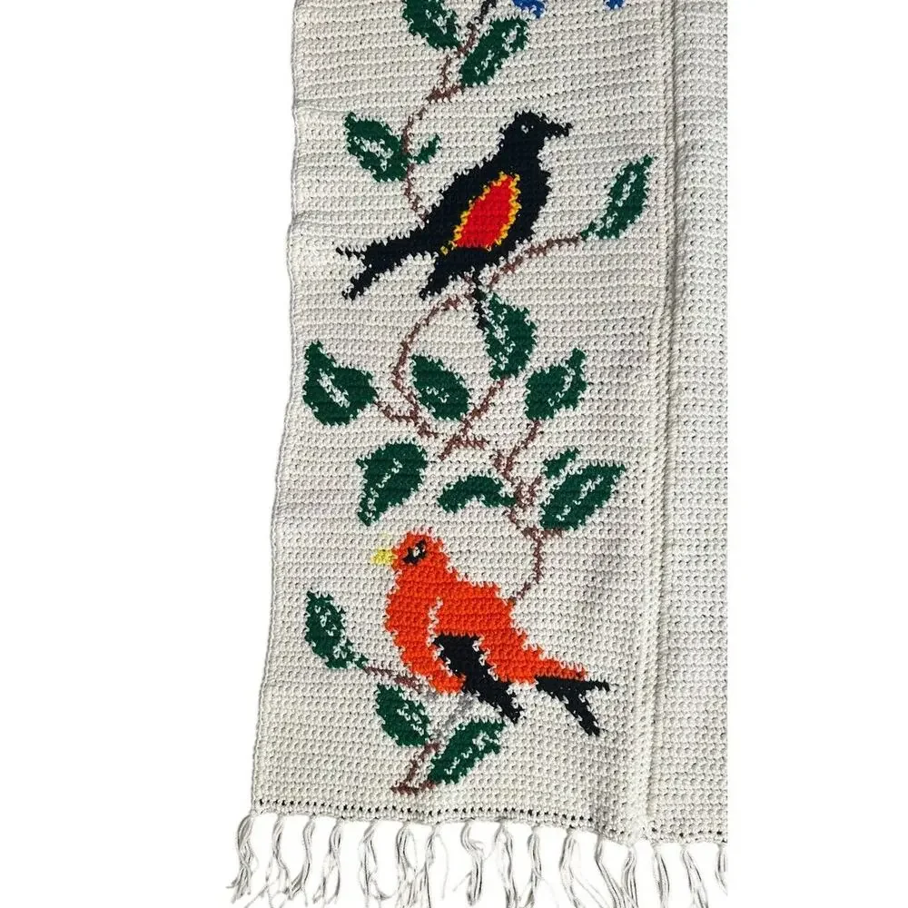 Handmade Colorful Birds White Crochet Knit Afghan Throw Blanket w/ Fringe‎ 48x60